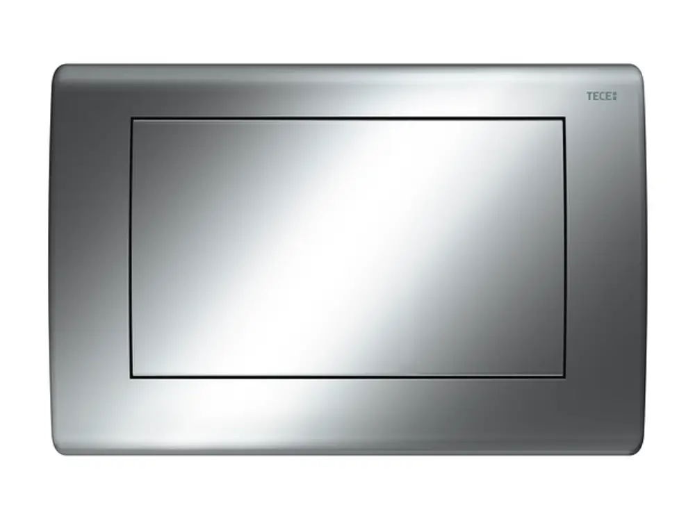 Einfache Steuerplatte in Chrom mit glänzender Oberfläche, verwendet in Verbindung mit Tece-Spültechnik für WC-Anlagen.